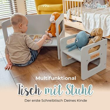Дитячий стіл та стілець KiddyMoon із закругленими безпечними краями, Меблі для дитячої кімнати, Сірий. Стіл 644x44 см / Стілець 30x30x30 см, Сірий