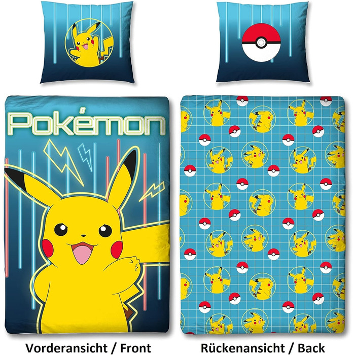 Комплект постільної білизни Pokemon 135x200 80x80 см - Дитяча постільна білизна Pokmon Pikachu з 100 бавовняного лінону - Синя пос