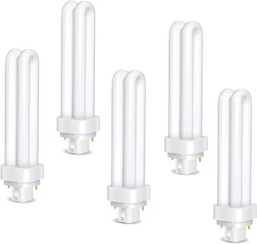 Високоефективна люмінесцентна лампа з низьким споживанням, підходить для кухні, їдальні, офісу, 5pcs G24d-3 2-Pin PLC Tube Lamps 26W, Cool White Light 6500K, 1600LM, 2U Double Rotating Tube