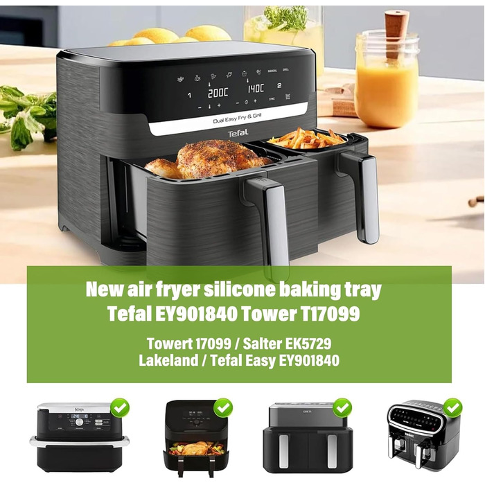 Аксесуари для фритюрниці Lifemaison 8PCS для Tefal EY9018 5.2/3.1 L, Cecotec Cecofry DuoSize 9 л 5.5/3.5 л, Salter EK5729, два розміри з подвійними ящиками, подвійні аксесуари з силіконовою формою для фритюрниці Black