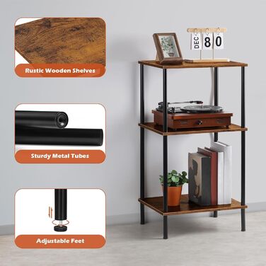 Високий дерев&39яний журнальний столик з 3 полицями для вітальні, великий простір для зберігання речей, журнальний столик в індустріальному стилі з дерева та металу, вузька тумбочка для ліжка, що економить місце, для кімнат, спальні, офісу, коричневий
