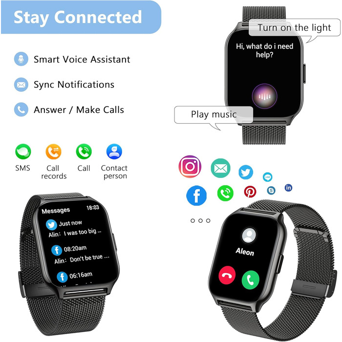 Розумний годинник для чоловіків та жінок, 2,01-дюймовий фітнес-трекер з функцією телефону/голосового помічника/нагадування про повідомлення, фітнес-годинник з монітором серцевого ритму та сну (чорний метал чорний силікон) ЧорнийЧорний