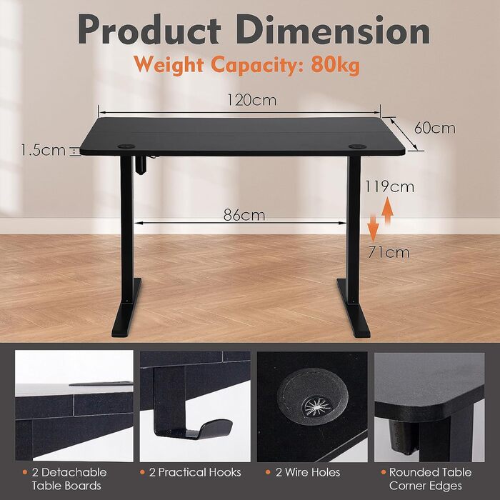 Електрично регульований по висоті стіл для роботи стоячи, 120 x 60 см, стіл для роботи сидячи/стоячи з пам&39яттю налаштувань та світлодіодним дисплеєм, стіл для роботи стоячи з гачками та підключенням для кабелів, робочий стіл для домашнього офісу, чорни