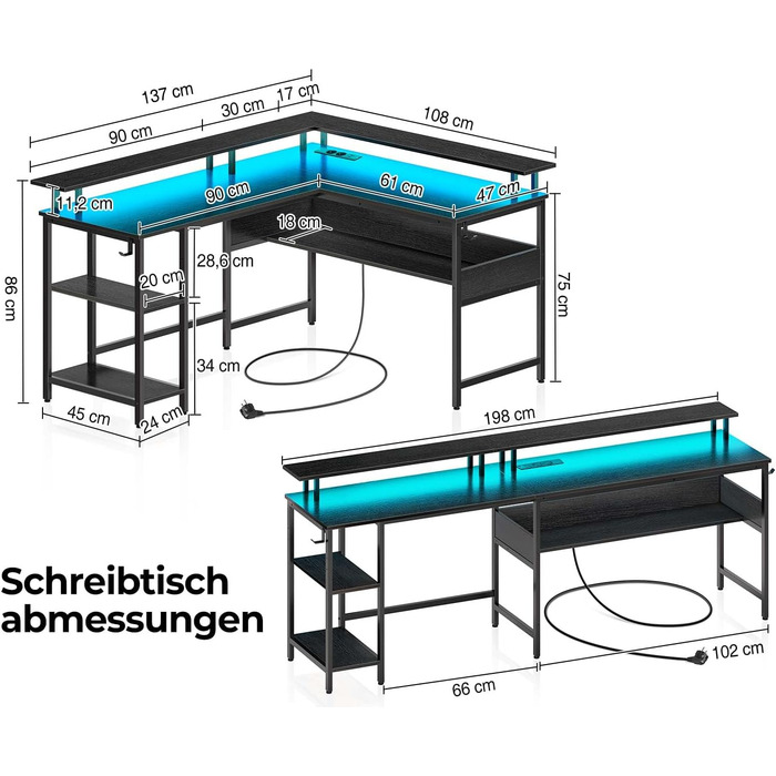 Г-подібний ігровий стіл Rolanstar, 137 x 108 см, метал / дерево, чорний