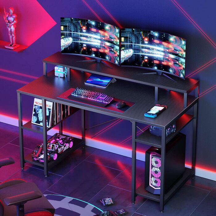 Великий стіл Bestier, комп'ютерний стіл, стіл для ПК, офісний стіл, ігровий стіл з 4 полицями та полицею для монітора, ігровий сті