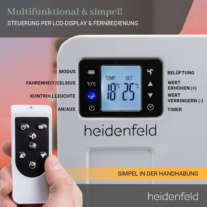 Електричний конвекторний обігрівач Heidenfeld EK100 3-позиційний обігрівач - 2300 Вт - Дистанційне керування - Радіатор - Електричний обігрівач - Окремостоячий обігрівач - Настінний обігрівач - Настінний конвектор - До 40 м