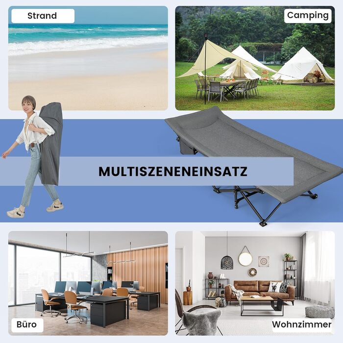 Розкладне ліжечко COSTWAY зі зручним бавовняним наповнювачем інтегрована подушка та матрац, розкладне кемпінгове ліжко, вантажопідйомність до 200 кг, розкладне ліжко з бічною кишенею, кемпінговий шезлонг з сумкою для перенесення, гостьове ліжко сірого кол