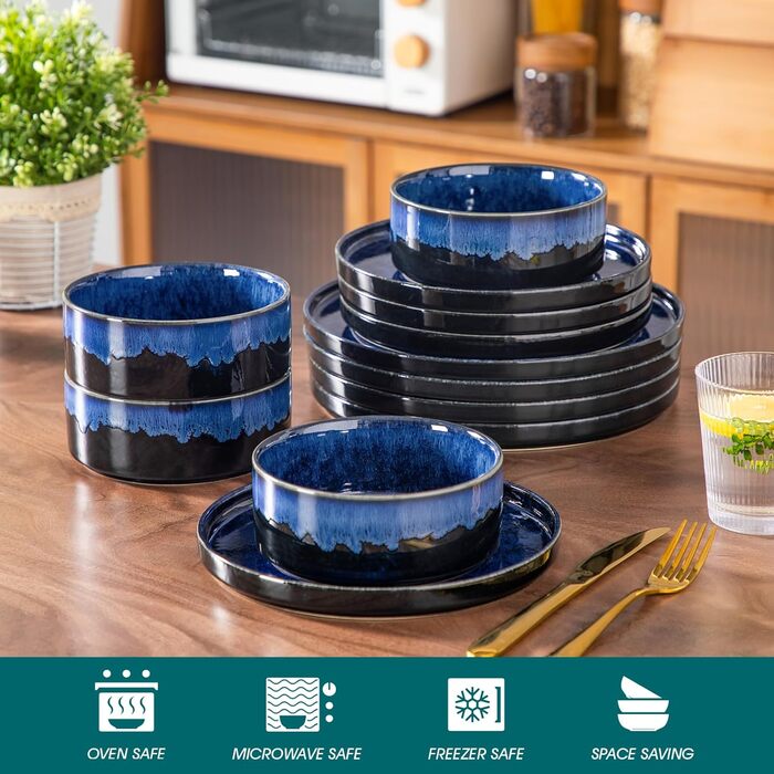 Зіркоподібні тарілки та миски vancasso, 12 предметів, синій набір посуду для кухні, сучасний набір посуду з кам'яного посуду на 4