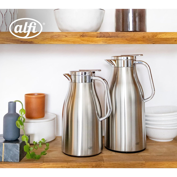 Термос alfi SKYLINE 1,5 л, матова нержавіюча сталь, з гігієнічним загартованим скляним вкладишем, кришка з поворотним замком та зручною кнопкою, ергономічна ручка, керування однією рукою, ідеально підходить як кавник