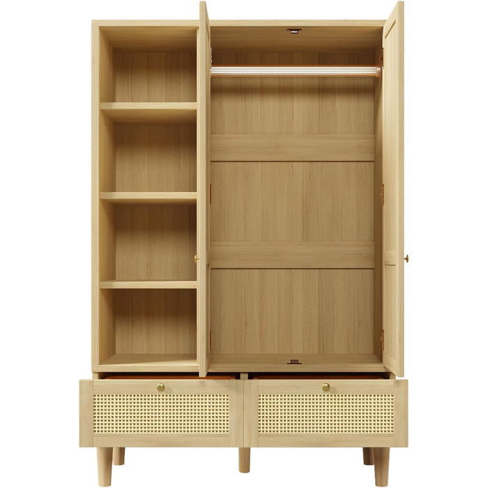 Шафа з 2 дверима та плетінням з ротанга в сільському стилі, під дуб, відкрита полиця, полиці, вішалки для одягу, 2 шухляди, пристрій проти перекидання (180x120x50 см) 180x120x50 см