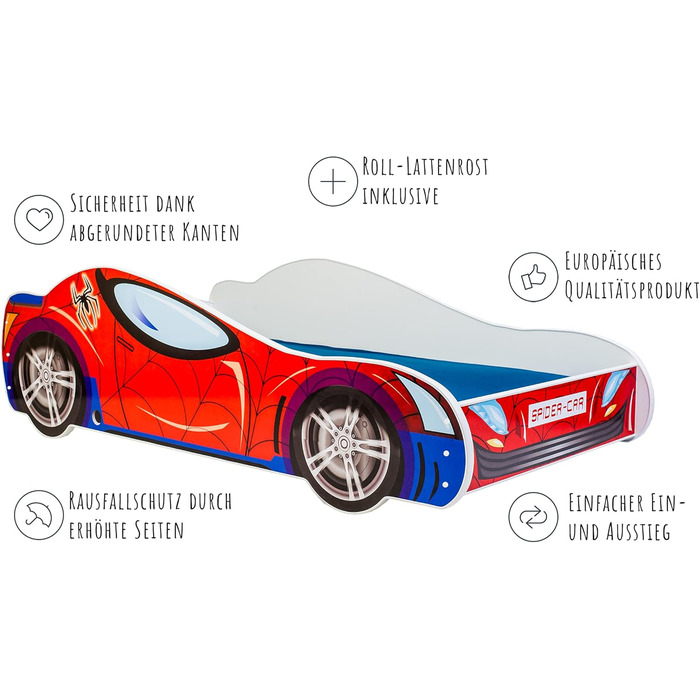 Дитяче ліжко-автомобіль Kids Collective, дитяче ліжко, юнацьке ліжко 70x140 80x160 із захистом від падіння Дитяче ігрове ліжко, дизайн гоночної машини Для дітей віком від 3 до 10 років, 80x160 см Матрац не входить до комплекту