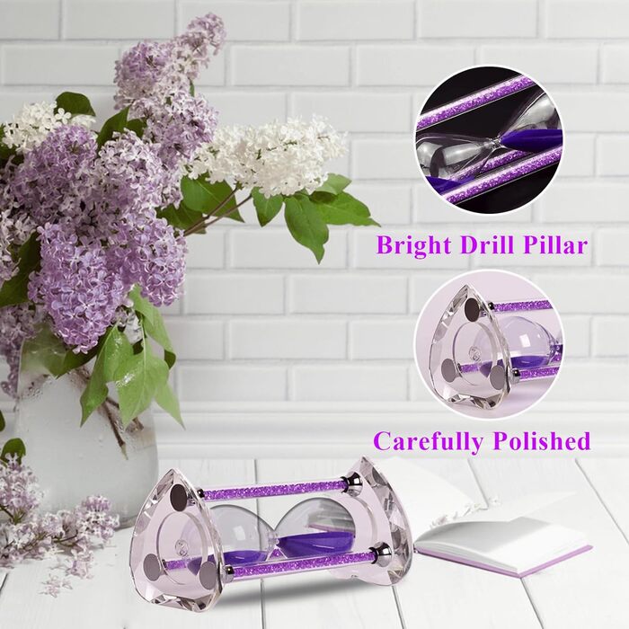 Пісочний годинник SuLiao для Uten, Поворотний на 720, Старовинний білий пісочний годинник, Вінтажний пісочний годинник 1 Hora Reloj de Arena, Великий метал, Пісочне скло, Офіс, Письмовий стіл, Дім, Весільне оформлення (Кришталь / Фіолетовий, 60 хв)