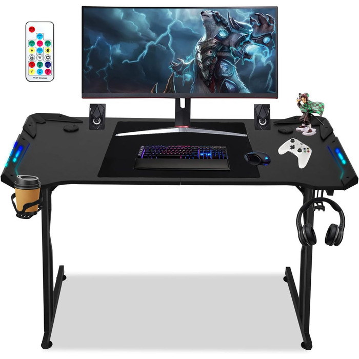 Ігровий стіл зі світлодіодним підсвічуванням, ігровий стіл 140 x 60 см, ігровий стіл для ПК з вуглецевим волокном, ігровий стіл зі світлодіодною Z-подібною рамкою, комп&39ютерний стіл для геймерів з гачком для навушників та тримачем для напоїв