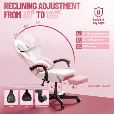 Ігрове крісло з поперековою опорою, дихаюча високоякісна тканина та штучна шкіра, ергономічне офісне крісло, крісло для ПК, регульована спинка, міцне ігрове крісло, висувна підставка для ніг, рожева бавовна та льон, рожева нова версія