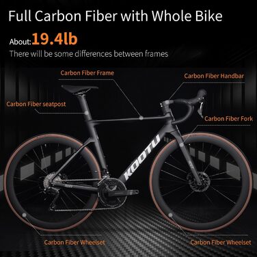 Карбоновий шосейний велосипед KOOTU, легкий шосейний велосипед з повністю карбоновими дисковими гальмами, 24-швидкісною групою R7120 та гідравлічними дисковими гальмами для дорослих