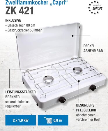 Двоконфорочна газова плита CFH Capri ZK 421 кемпінгова газова плита з регулятором тиску газу 50 мбар та газовим шлангом 80 см, потужність 3,8 кВт, витрата 277 г/год, знімна кришка та хромована решітка, зроблено в Європі
