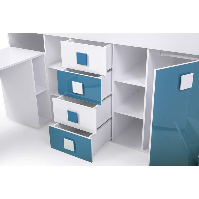 Двоярусне ліжко для дітей, підлітків з місцем для зберігання - Двоярусне ліжко з письмовим столом, шафою, полицею, шухлядами, сход