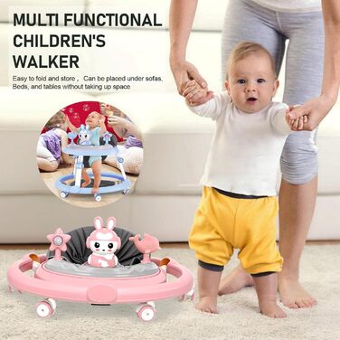 Дитячі ходунки 3 в 1 з килимком на підлозі, шасі з 6 коліс та захистом від перекидання, регульована висота, ходунки з музичним підносом та іграшками, складаються для зручного зберігання, ідеально підходять для хлопчиків, рожеві