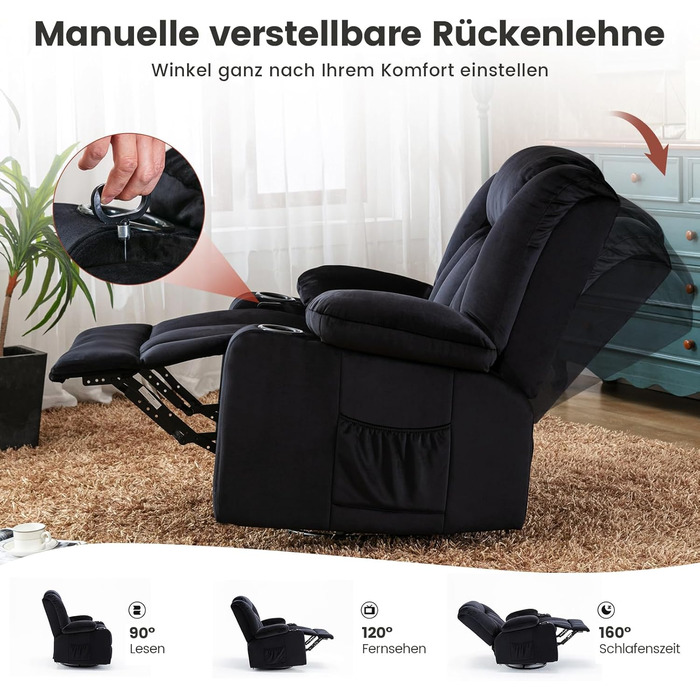 Ручне поворотне крісло-реклайнер для дорослих з регульованою спинкою та підставкою для ніг, крісло-шезлонг на 360 для вітальні, м&39яка тканина, ергономічне, чорний колір