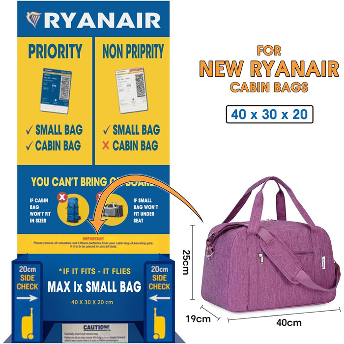 Ручна поклажа Narwey Ryanair 40x30x20, маленька спортивна сумка, складна дорожня сумка, сумка для ручної поклажі Airplane для жінок, дорожня сумка Weekender для чоловіків 20 л (темно-фіолетовий)