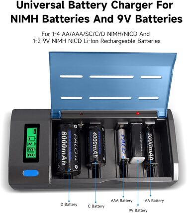 Універсальний зарядний пристрій для акумуляторів типу AA/AAA/SC/C/D/9V Ni-Mh/Ni-CD та 9V Li-ion з функцією розряду та РК-дисплеєм, швидка зарядка