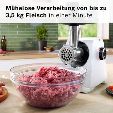 М'ясорубка Bosch MultiPower Serie 6 MFWS607W, 2 перфораційні решітки (4,5 та 8 мм), нержавіюча сталь, підходить для посудомийки, насадки для кеббе та ковбас, потужність 2100 Вт, біла