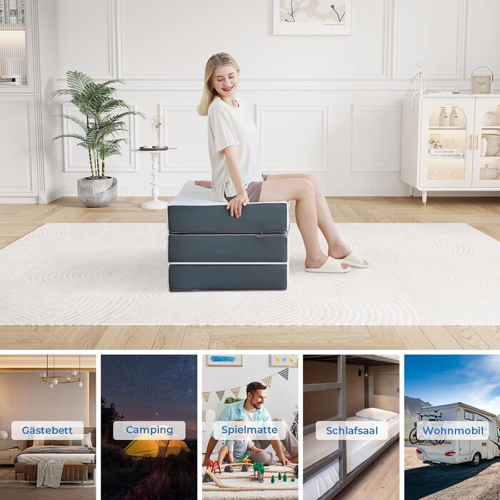 Матрац Vesgantti Folding Mattress для гостей 60x190x10 см, 3-секційний складний матрац з гелевої піни для гостьового ліжка, дорожнє ліжко, компактне, сертифіковане Oeko-Tex, 10 см, 60 x 190 см