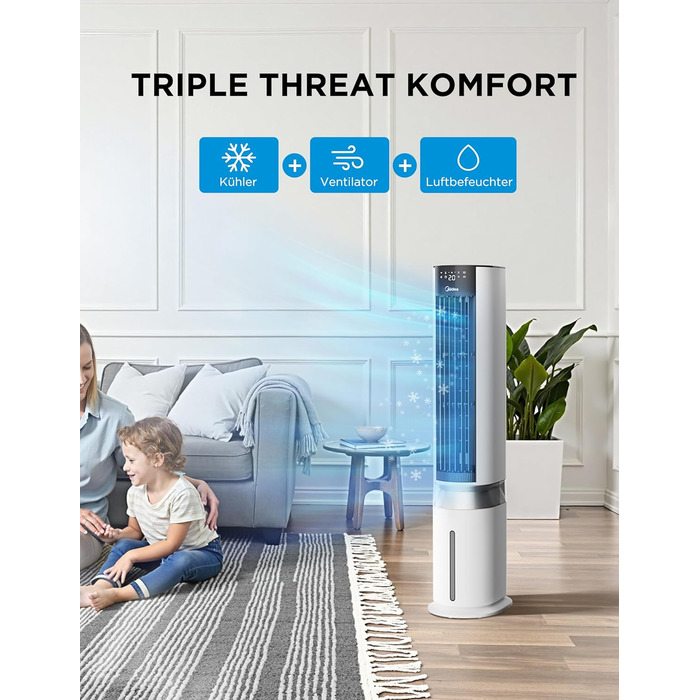 Мобільний охолоджувач повітря Midea з водяним охолодженням, 7л резервуар для води, продуктивність 2000 м/год, Sensicool Smart Temp Control, іонізація, 6 швидкостей, 5 режимів, таймер на 12 годин, сенсорний дисплей, білий колір, резервуар 7л