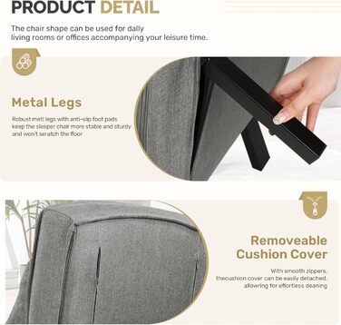 Крісло-ліжко 4-в-1, диван-ліжко, компактне гостьове ліжко, крісло-реклайнер з регульованою спинкою, вантажопідйомність 150 кг, металевий каркас та лляне темно-сіре одне ліжко темно-сірого кольору