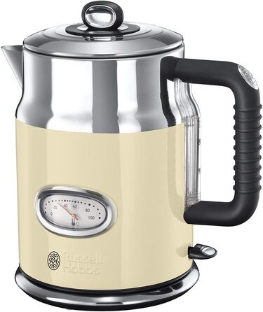 Чайник Russell Hobbs 1,7 л, 2400 Вт ретро кремовий та полірована нержавіюча сталь (функція швидкого закипання, індикатор температу