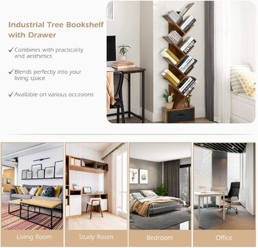 Рівнева книжкова полиця з шухлядою, книжкова полиця/полиця для CD/DVD у формі дерева, окремостояча полиця у формі дерева, перегородка для кімнати/полиця для файлів/полиця для зберігання, дерев&39яна, 38x20x149,5 см, вінтажний коричневий колір, 10-