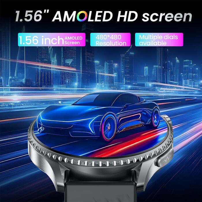 Чоловічий смарт-годинник з ЕКГHRV фітнес-годинник 1,56-дюймовий AMOLED з функцією Bluetooth для телефону, 24-годинний фітнес-трекер серцевого ритму/артеріального тиску, крокомір, водонепроникний IP67, сумісний з Android та iOS, чорний