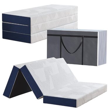 Складаний матрац 120 x 195 x 15 см, 4-секційний, складний - Складаний матрац зі знімним чохлом, гостьовий матрац для подорожей, кемпінгу, гостьове ліжко (білий та синій) 120x195x15 15,0 сантиметрів