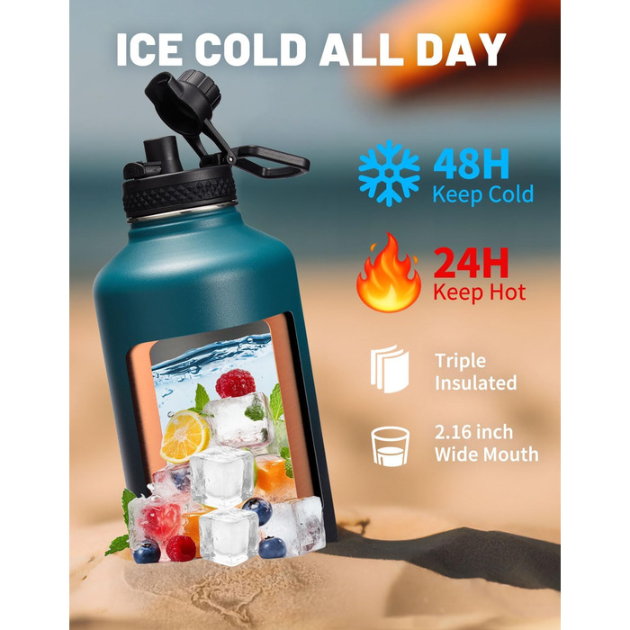 Ізольована пляшка для води з соломинкою - 1,8-літрова колба-термос з нержавіючої сталі з соломинкою для носика, кришкою, паракордо