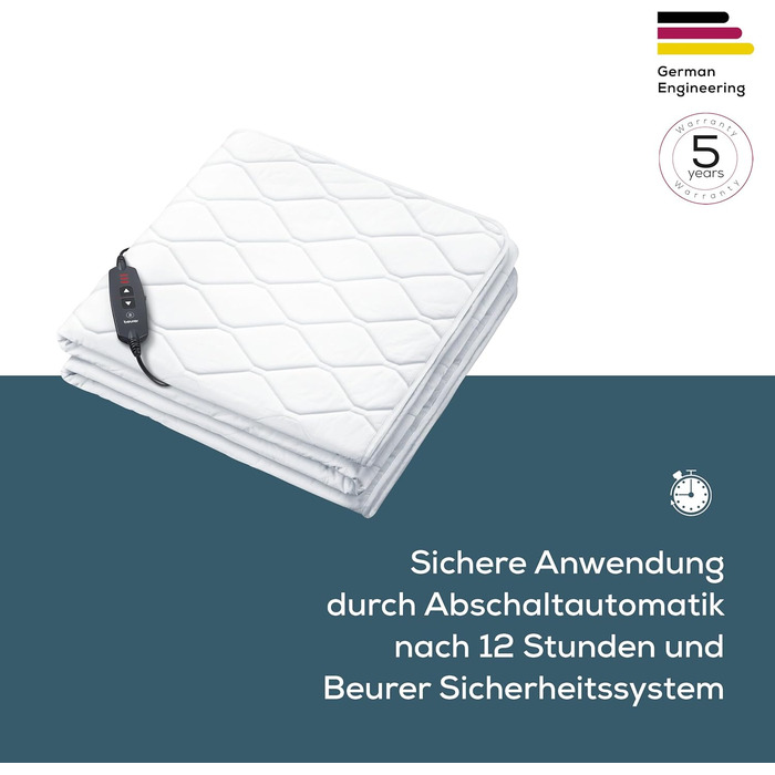 Підогріта підковдра Beurer UB 74, електрична нагрівальна ковдра з автоматичним вимкненням та захистом від перегріву, нагрівальна ковдра у формі практичного простирадла на резинці з 3 температурними режимами, яку можна прати, 200 x 100 см 200 x 100 см прос