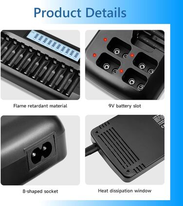 Зарядний пристрій CITYORK з 104 слотами та РК-дисплеєм для акумуляторних батарей 1,2 В AA/AAA Ni-MH та акумуляторних батарей 9 В Ni-MH/Li-ion з вбудованим захистом IC