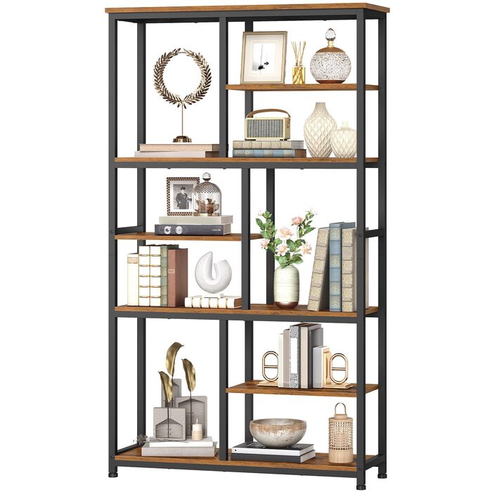 Книжкова полиця HOOBRO, окремостояча полиця з 4 регульованими ніжками, вертикальна полиця, офісна полиця, полиця для зберігання речей для вітальні та кабінету, 100 x 28 x 180 см, вінтажний коричневий та чорний EBF06SJ01