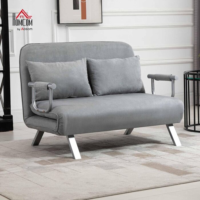 Розкладний диван HOMCOM 3-в-1 185x105 см з регульованою спинкою в 5 положеннях, декоративні подушки, 2-місний диван з функцією сну, оксамитовий вигляд, шезлонг для вітальні, спальні, світло-сірий