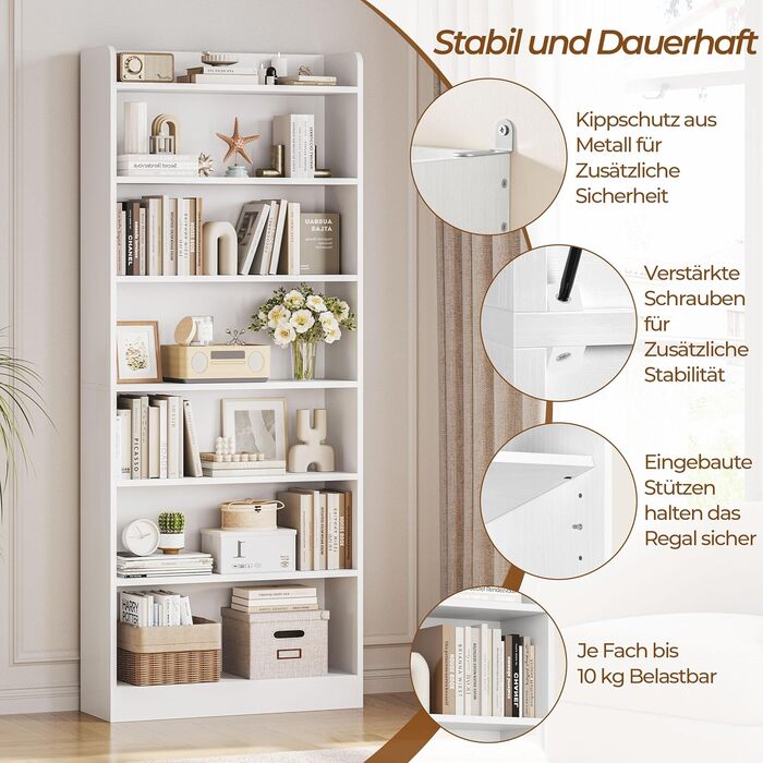 Книжкова полиця Yaheetech, 7-секційна книжкова шафа з регульованою полицею, окремостояча полиця 180,5 см В, відкрита полиця для зберігання речей для вітальні/домашнього офісу/кабінету (біла, 60x24x180,5 см) Біла 60x24x180,5 см