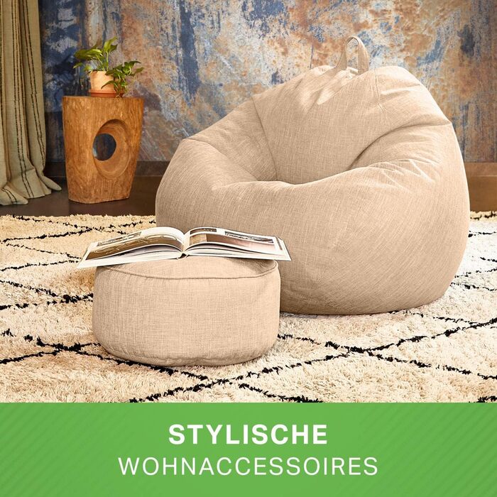 Табурет-мішок з квасолі Green Bean, домашній лляний, круглий, 45x25 см, з наповнювачем з EPS-бісеру - Пуф-підставка для ніг для квасолі-мішків - Подушка на підлогу для дітей та дорослих - Подушка на сидіння табурета Sand - Піщано-кремовий