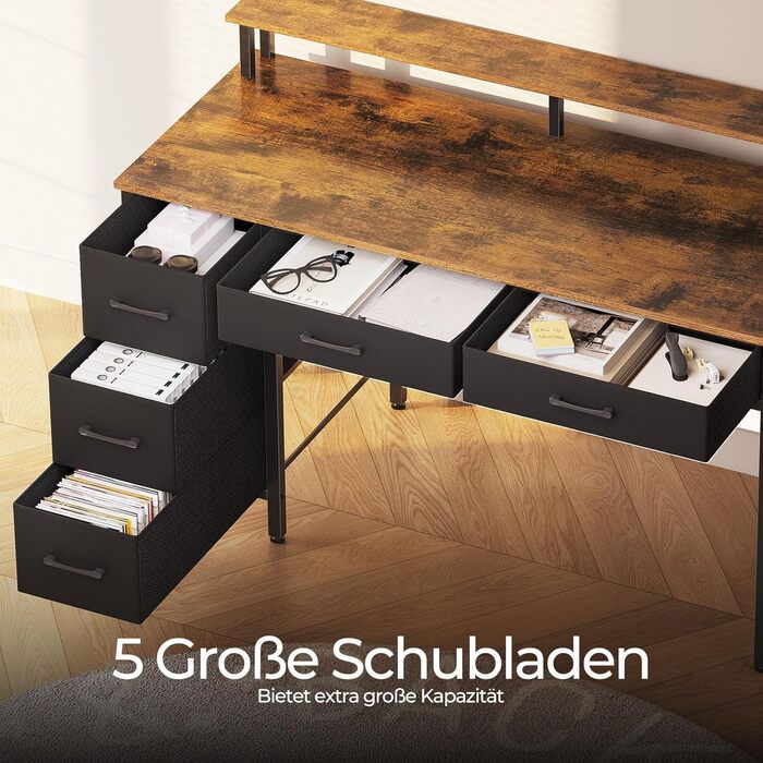 Комп&39ютерний стіл Seventable з розетками та світлодіодним освітленням, ігровий стіл 120 см з 5 шухлядами, ігровий стіл з підставкою для монітора, для офісу, кабінету, спальні, вітальні, вінтажний коричневий, 120 см