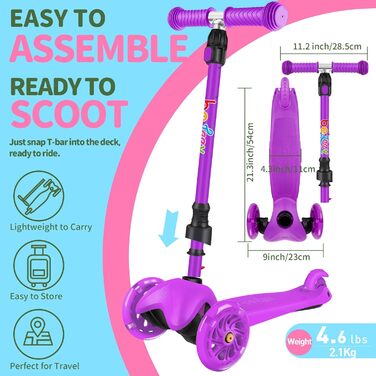 Самокат дитячий 2 роки, 3-колісний самокат зі світлодіодними колесами, що світяться, регульований по висоті, нахил для керування,