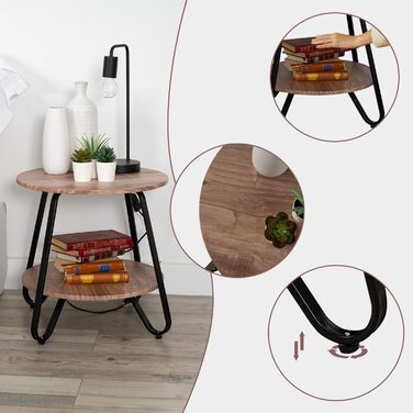 Приставний столик Журнальний столик Кругла тумбочка Журнальний столик Диван-столик з полицею для вітальні Спальні, промисловий дизайн, металевий каркас, дуб, дерево, 46x46x45 см