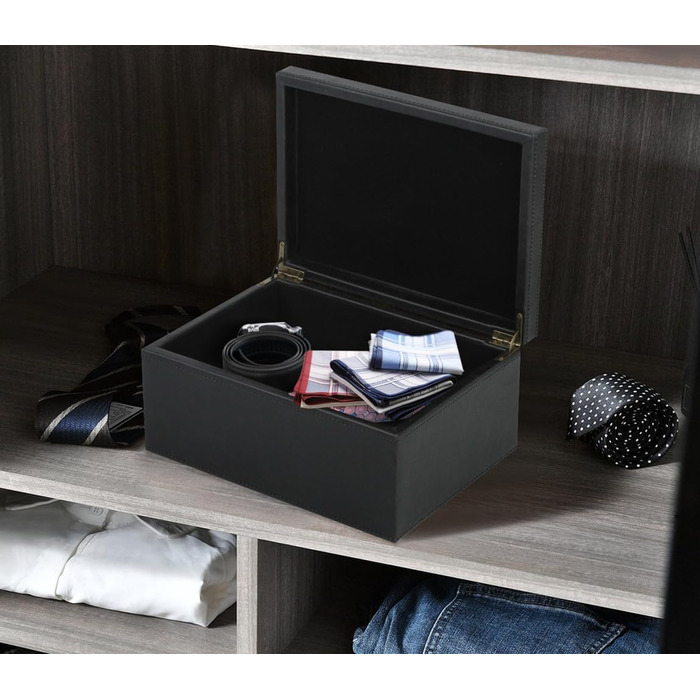 Декоративна скринька HofferRuffer зі штучної шкіри, велика дерев&39яна конструкція, скринька для сувенірів, органайзер для аксесуарів, органайзер для ювелірних виробів з відкидною кришкою, контейнер для зберігання для дому або офісу (чорний)