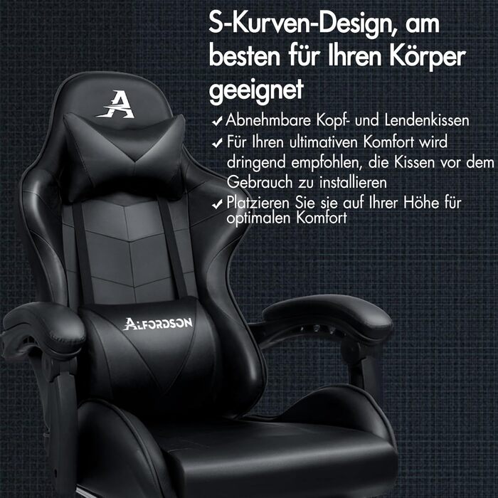 Крісло для відеоігор ALFORDSON, ергономічне офісне крісло, масажне гоночне крісло, висувна підставка для ніг, шкіра штучна, регулювання висоти та нахилу, вантажопідйомність 180 кг, чорний колір Vogler - чорний