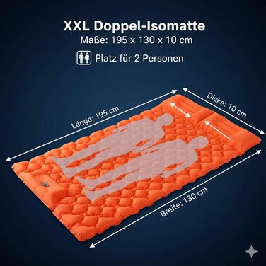 Килимок для сну для 2 осіб, надувний матрац для кемпінгу товщиною 10 см з вбудованим ножним насосом та подушкою, надлегкий килимок для сну 195x130 см, надувний матрац для намету, походів, пляжу та подорожей