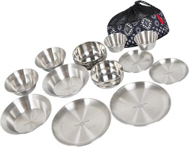 Набір туристичного посуду з нержавіючої сталі на 12 осіб, сріблястого кольору, штабельований, для подорожей та щоденного використання, ідеальний для кемпінгу та пікніків