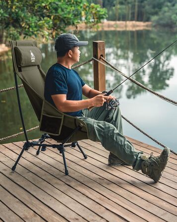 Крісло для кемпінгу OneTigris DRAGONHIDE, висока спинка, складне, вантажопідйомність 125 кг, легке складне кемпінгове крісло, складне рибальське крісло з 2 боковими кишенями, надлегке складне крісло для використання на свіжому повітрі, походи, колір Range