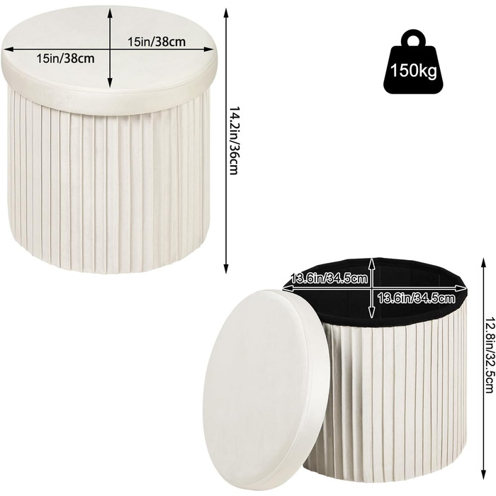 Круглий стілець WOLTU, пуф для зберігання з кришкою, м&39яка скриня для зберігання, складаний, м&39яка скриня для зберігання, виготовлена з оксамитового МДФ, 38xВ36 см, кремовий 38Г x 38Ш x 36В см