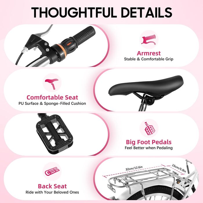 Преміальний 20-дюймовий велосипед для дівчаток, 6 швидкостей, рожевий, рама з вуглецевої сталі з передніми та задніми гальмами, регулювання висоти для зросту 145-165 см, максимальне навантаження 90 кг